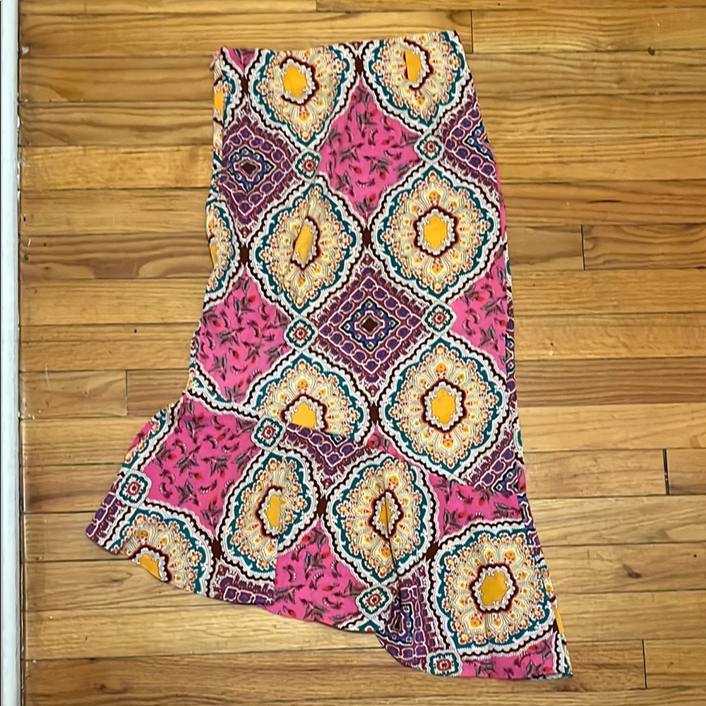 SHEIN Pink and Yellow Patterned Midi Asymmetrical Skirt